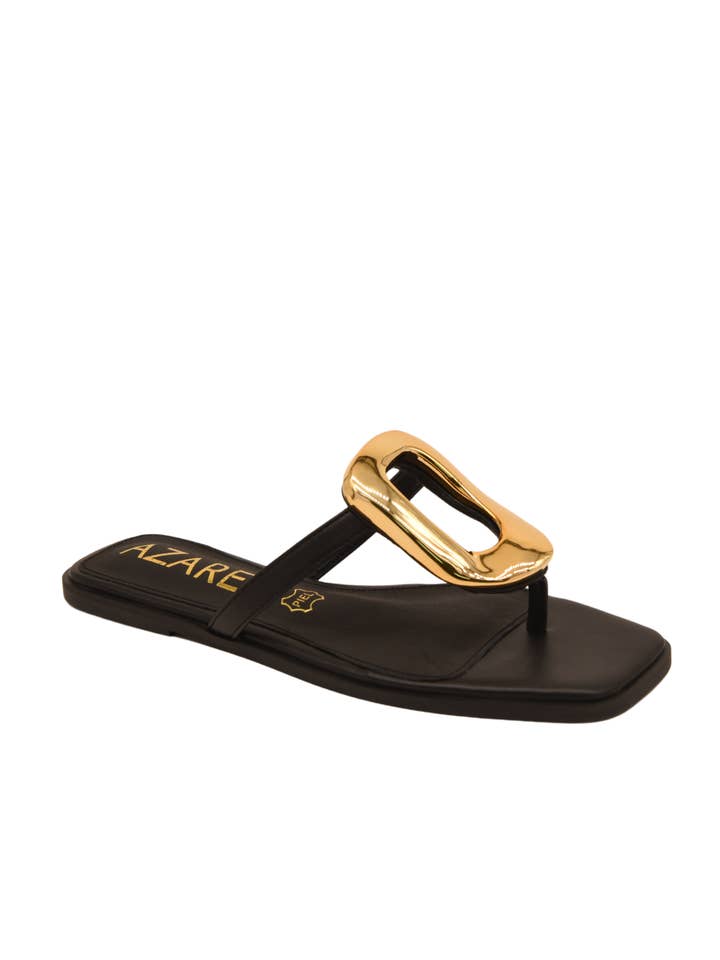 Azarey - Wholesale Sandals - Women's - Black flat sandal with gold metallic detail
