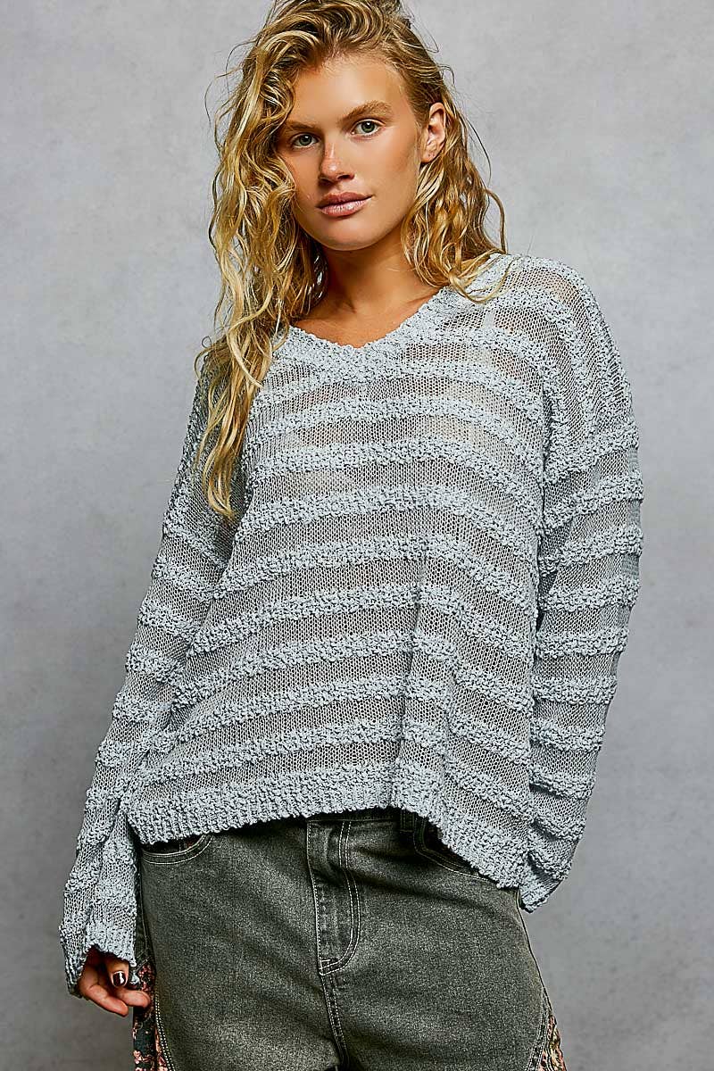 Pol Clothing - Wholesale Knit Sweater - Women's - V Neck Long Sleeve Striped Knit Acrylic Thin Sweater SALE2