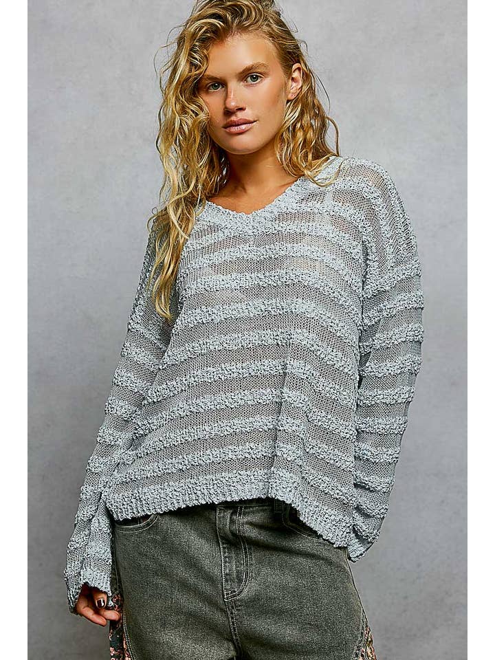 Pol Clothing - Wholesale Knit Sweater - Women's - V Neck Long Sleeve Striped Knit Acrylic Thin Sweater SALE2