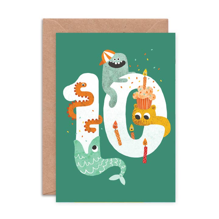 Age Ten Crazy Critters Greeting Card | Kids Birthday Card for wholesale by Emily Nash Illustration Greeting Cards