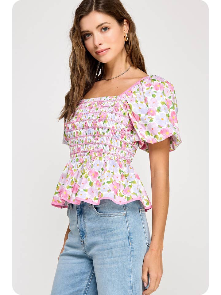 Strut & Bolt - Wholesale Blouse - Women's - Floral Print Contrast Smocking Top