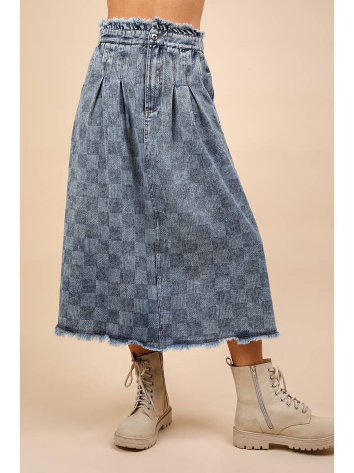 VERY J - Wholesale Skirt - Women's - VS50944-Washed Checkered Denim Midi Skirt