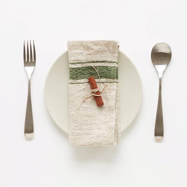 Linen Tales - Wholesale Dinner & Cloth Napkin - Green Stripe Vintage Linen Napkins Set of 2