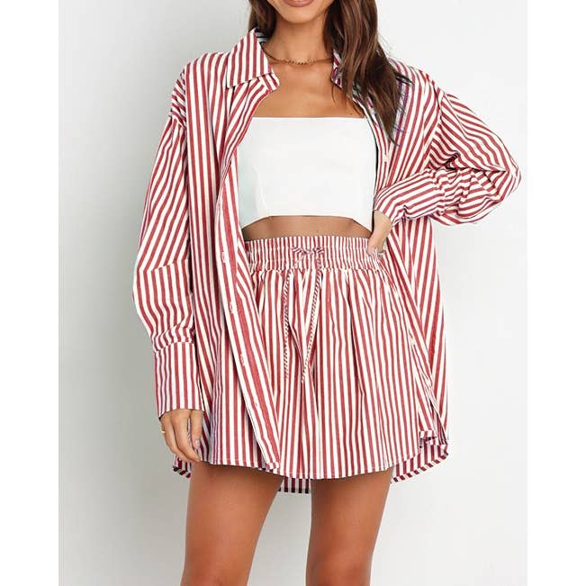 Mapcie - Wholesale Top & Pant Set (NOT Loungewear) - Women's - Striped Oversized Shirt and Drawstring Shorts Set5