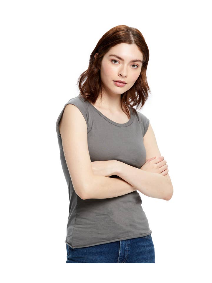 US Blanks - Wholesale T-Shirt - Women's - Women's Cap Sleeve Raw Edge Open Neck