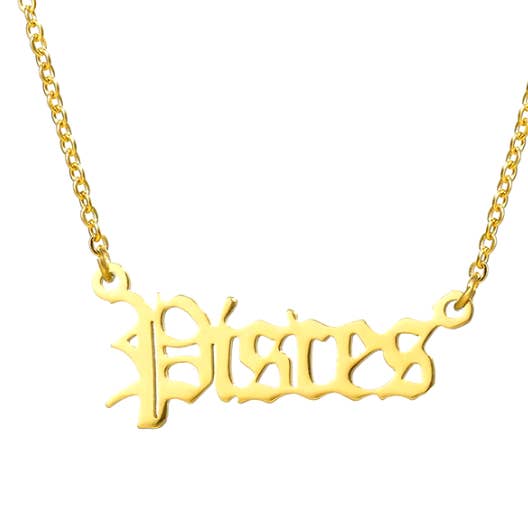 Pisces-Script name plate- Steel 14K gold necklace for wholesale by HoopLa