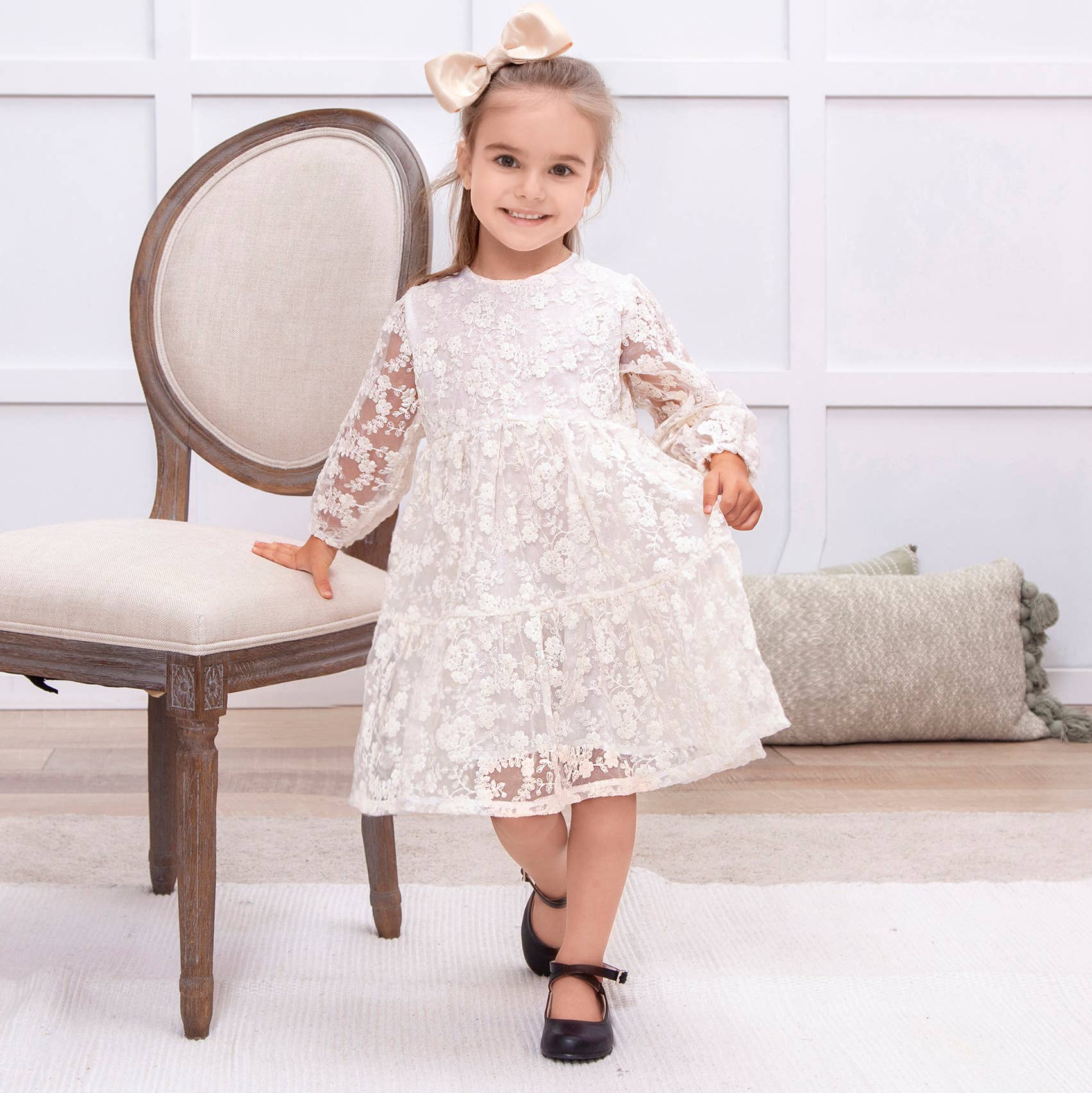 Tesa Babe – Vestido - Crianças por atacado – Vestido de Menina em Renda Marfim – Organza Bordada para Ocasião Especial