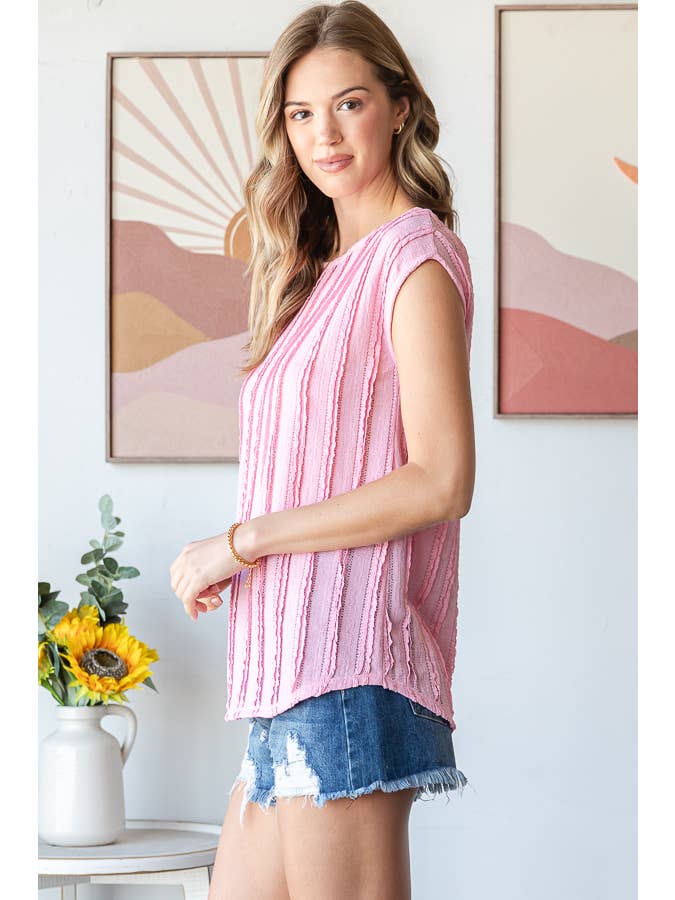 7th Ray - Vendita all'ingrosso Camicetta - Donna - Blusa a maniche corte con texture a righe leggere T59482