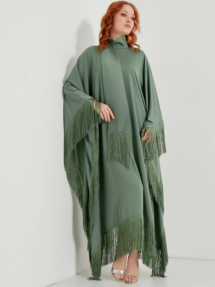 Store WF – wholesale Kaftan – Women's – Mint Fringed Kaftan Dress With Tie Neck Detailed2