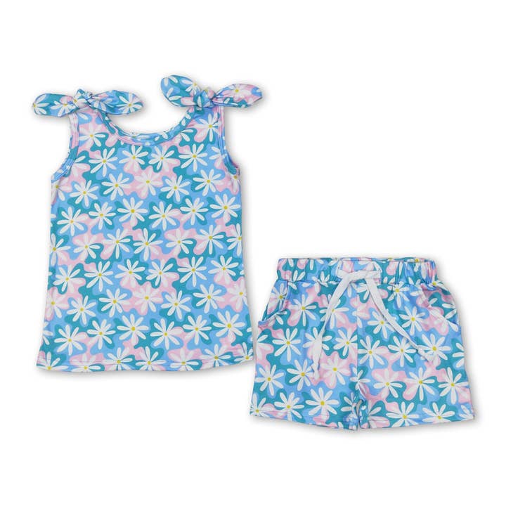 Sleeveless light blue pink floral baby girls summer outfits for wholesale by Yawoo Garments