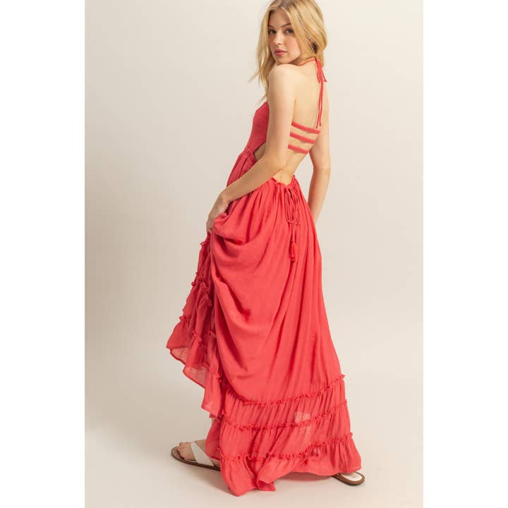 HYFVE - Vendita all'ingrosso Vestito - Donna - Abito lungo con corpetto arricciato a collo all'americana e orlo a balze HF25E055