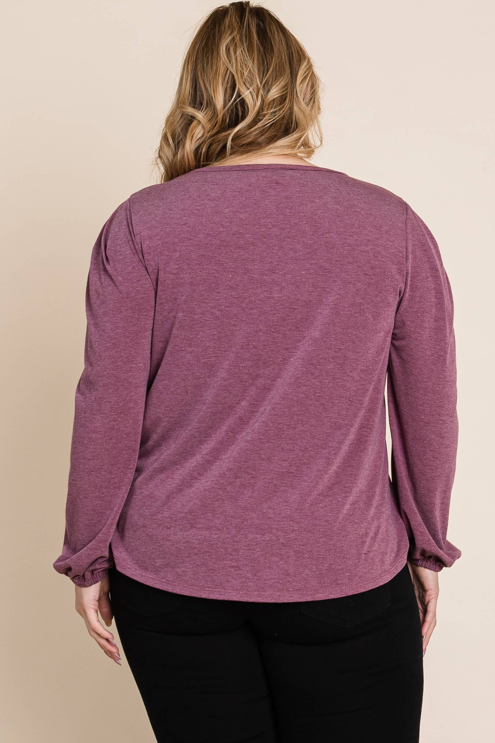 Burgundy ETK-8883-PL Plus Size Solid TR Spandex Long Sleeve Top for wholesale on Faire4