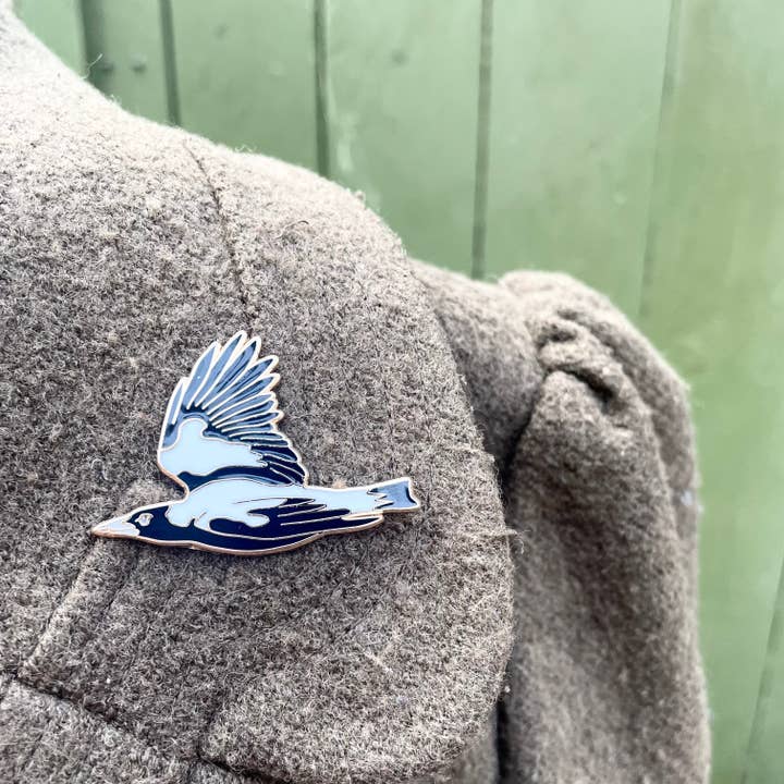Enamel Pin - Australian Magpie In Flight for wholesale by Bridget Farmer Printmaker