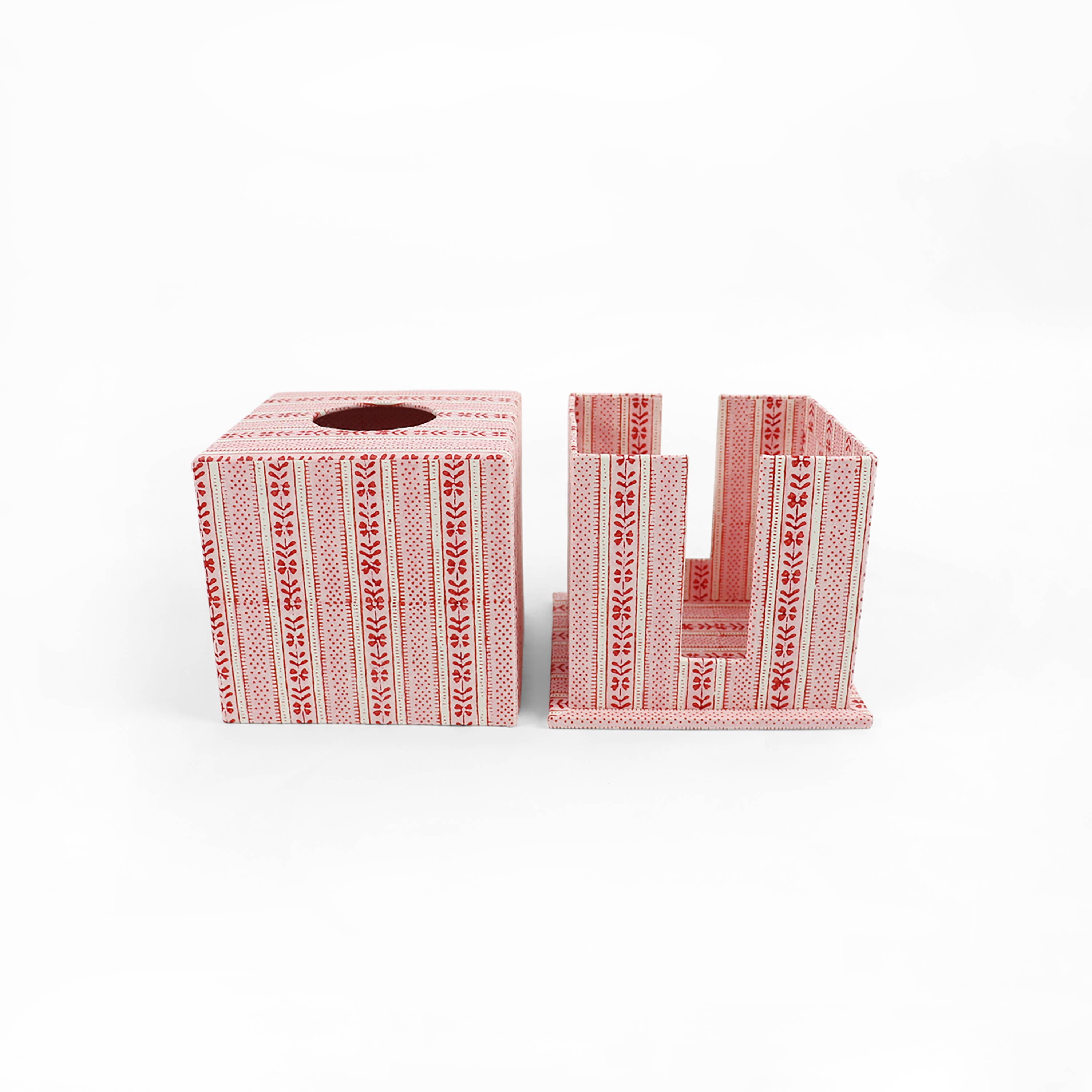 Craft Boat - Wholesale Tissue Box - BLOCK PRINTED TISSUE BOX - HOLIDAY EDIT  FLORAL STRIPE RED1
