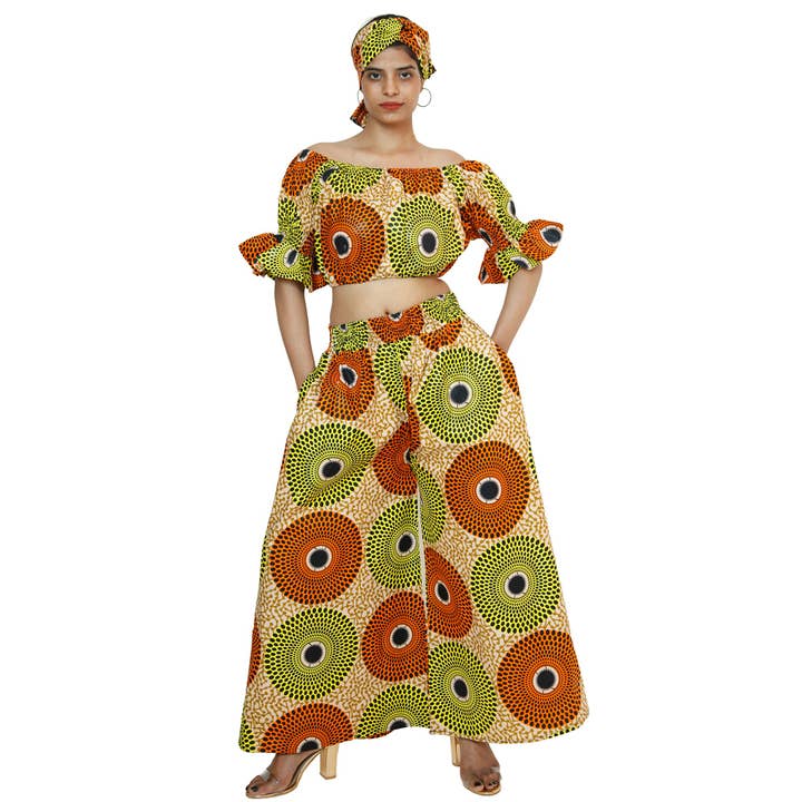 Women's Printed Off Shoulder Crop Top with Pants Set -- FI-4039 for wholesale by African Stars