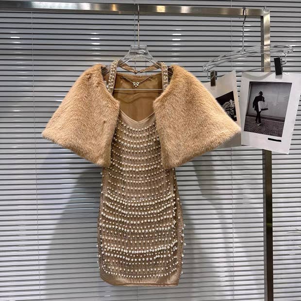 Khaki DR899 Winter Plush Cape and Pearl-Trim Bodycon Dress Set for wholesale on Faire1
