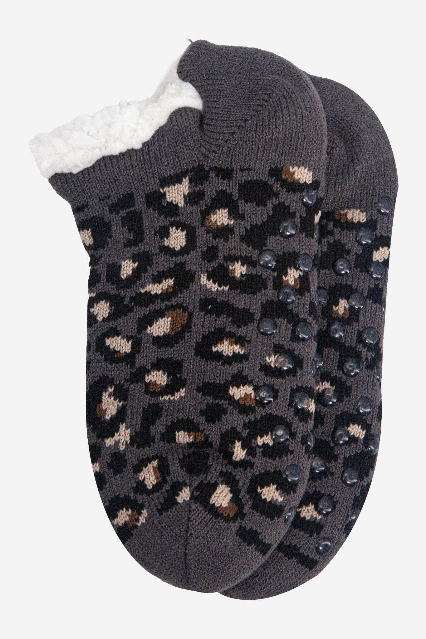 Sock Talk - Wholesale Sock Slippers - Women's - Women's Short Slipper Sock- Dark Grey, Leopard1