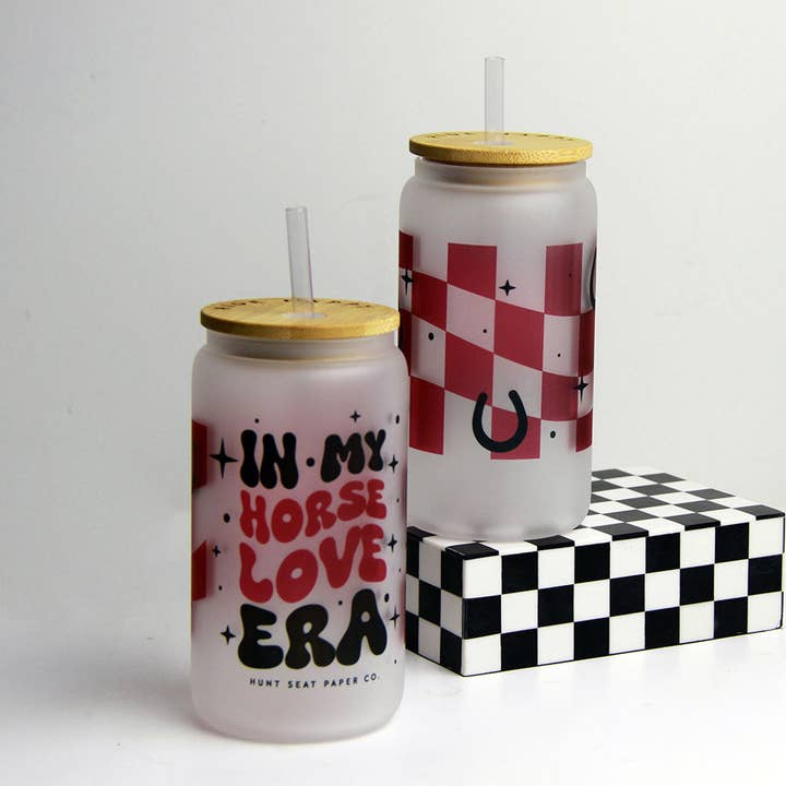 In My Horse Love Era Glass Tumbler with Bamboo Lid and Straw for wholesale by Hunt Seat Paper Co.