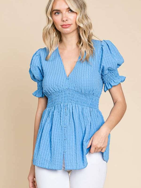 CWT1688 - V-NK BUTTON DOWN SMOCKING DETAIL TOP for wholesale by Culture Code