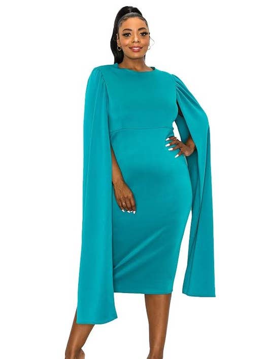 JADE DOUBLE CAPE MIDI DRESS for wholesale on Faire