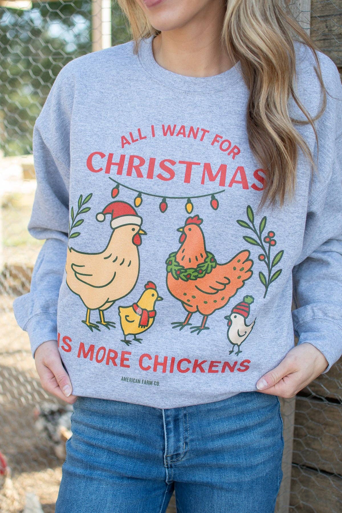 American Farm Company - Wholesale Graphic Sweatshirt - Women's - 'All I Want for Christmas is More Chickens' Graphic Crewneck1