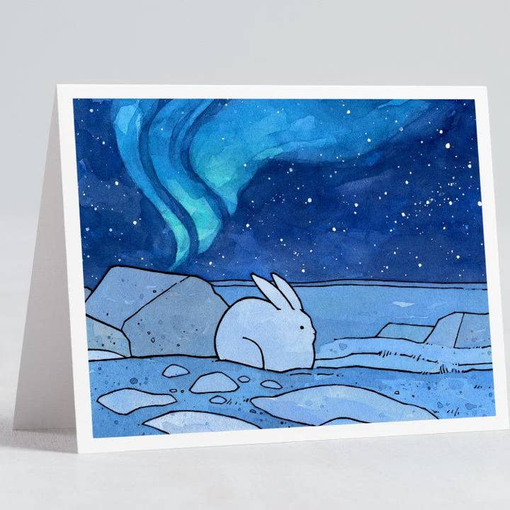 Studio Tuesday – wholesale Everyday greeting card – Snowshoe Hare and Northern Lights Card