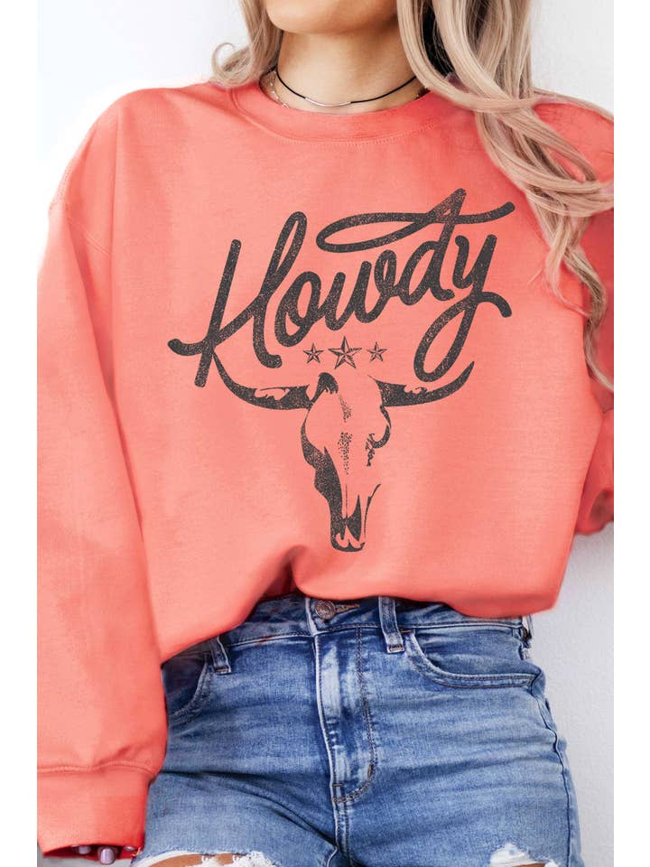 Rustee Clothing - Wholesale Graphic Sweatshirt - Women's - HOWDY COW SKULL GRAPHIC BRUSHED SWEATSHIRTS