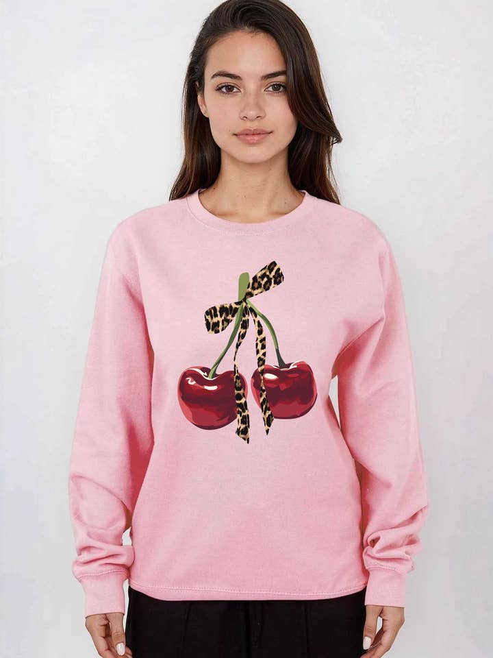 Sudadera con Estampado Gráfico de Leopardo, Lazo y Cereza para venta al por mayor de Missi Clothing