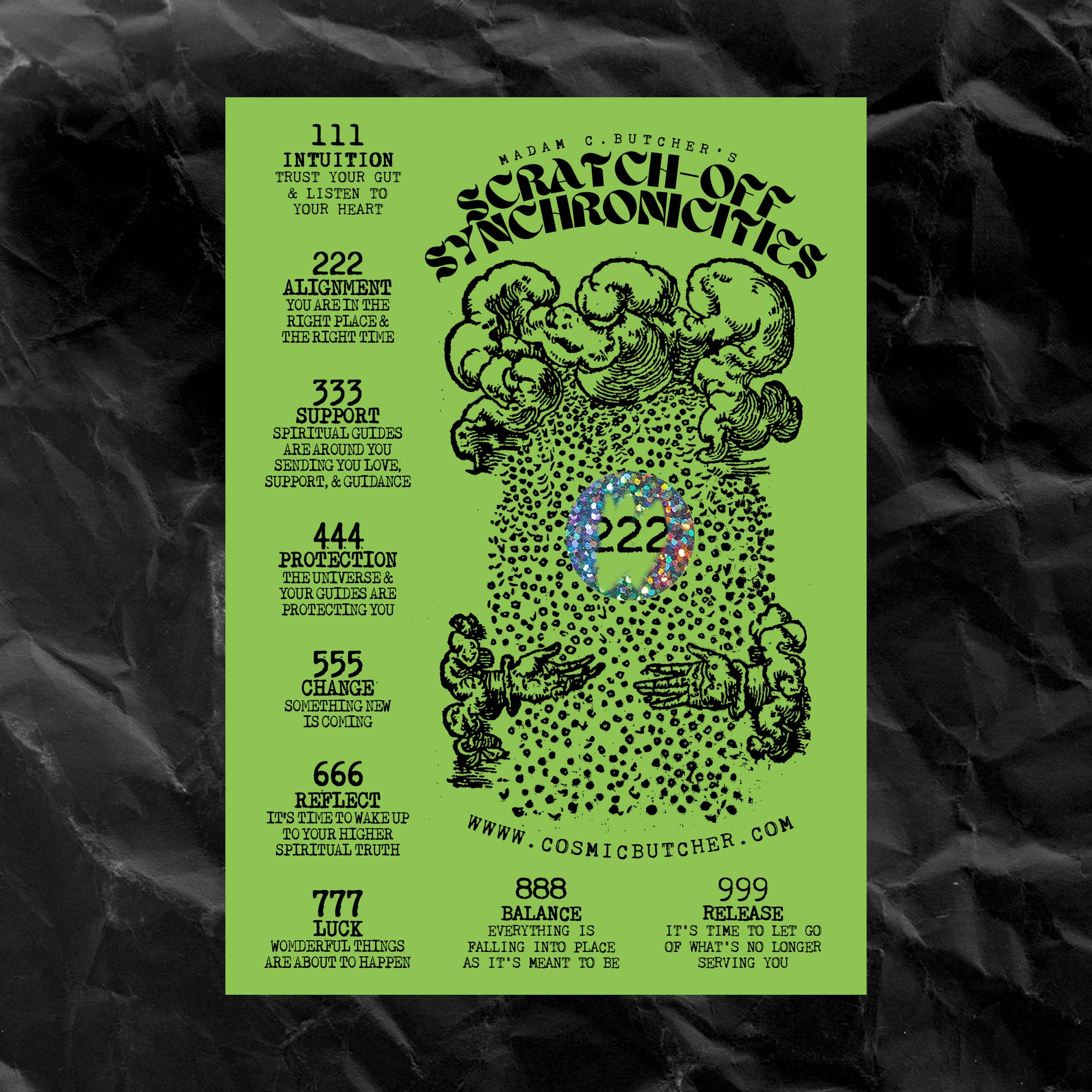 Cosmic Butcher - Vente Cartes de tarot - Carte à gratter « SYNCHRONICITIES » avec numéros d'anges et affirmations2