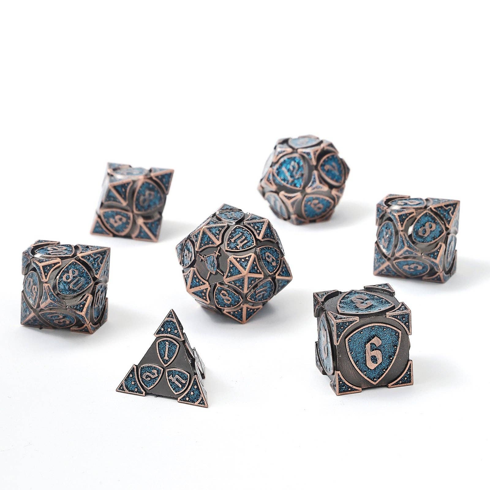 Hymgho Premium Dice - Wholesale Dice - Solid Metal Fighter RPG Dice Set - Copper w/Blue Glitter2