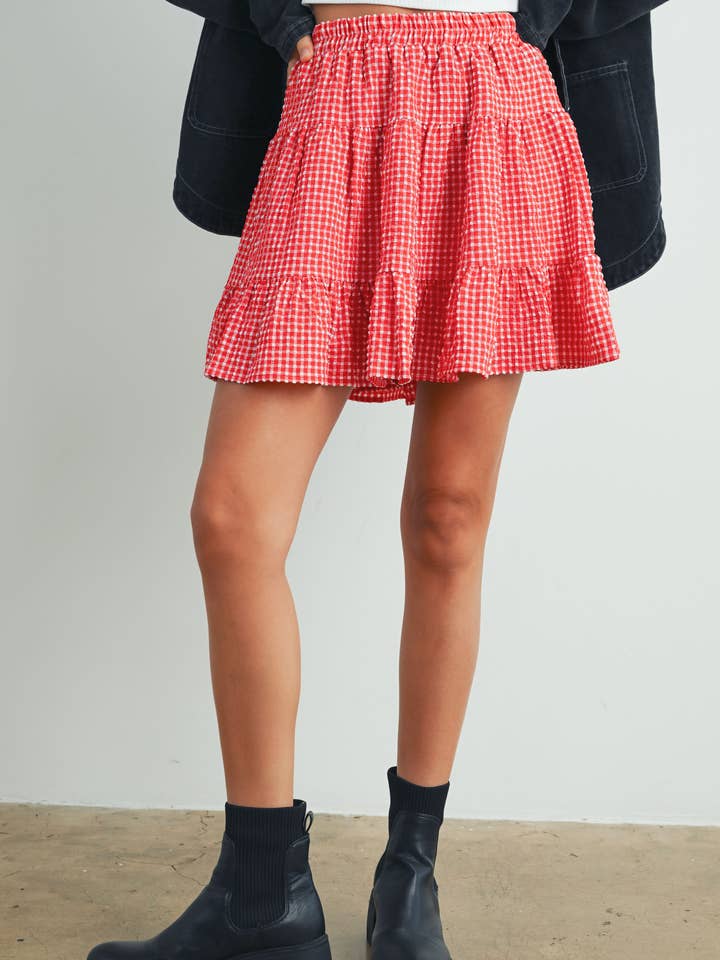 BUTTERMELON - Wholesale Skirt - Women's - High Waist Tiered Check Skirt - BMS7530-B