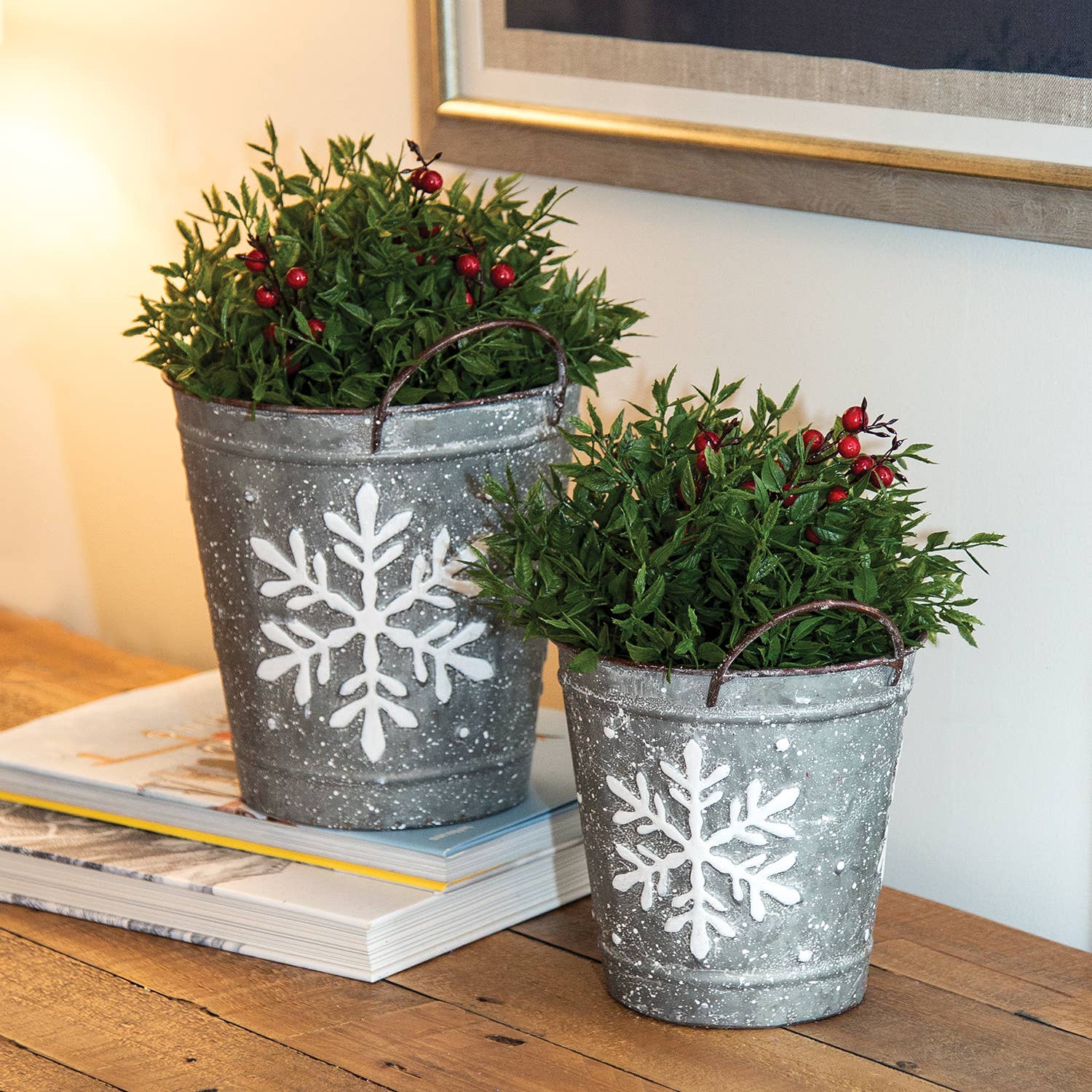 Col House Designs – wholesale Bucket/pail – 2/Set, White Washed Snowflake Embossed Metal Buckets1