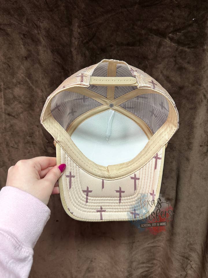 Tan/White Cross Trucker Hat for wholesale by Texas Transfers
