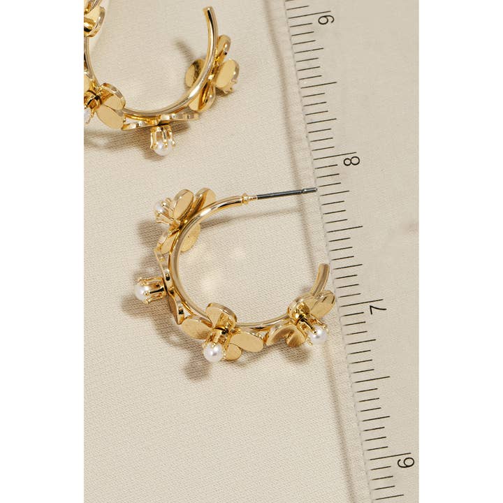 G Pearl Studded Metallic Flower Hoop Earrings for wholesale on Faire
