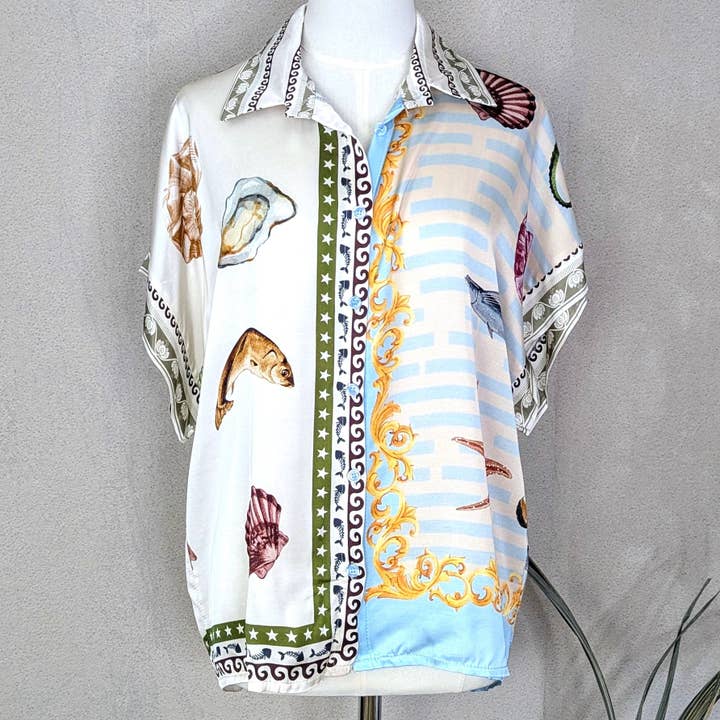 Luxe silk viscose fabric top with Caprine style sea life print (M) for wholesale by Tempest Designs