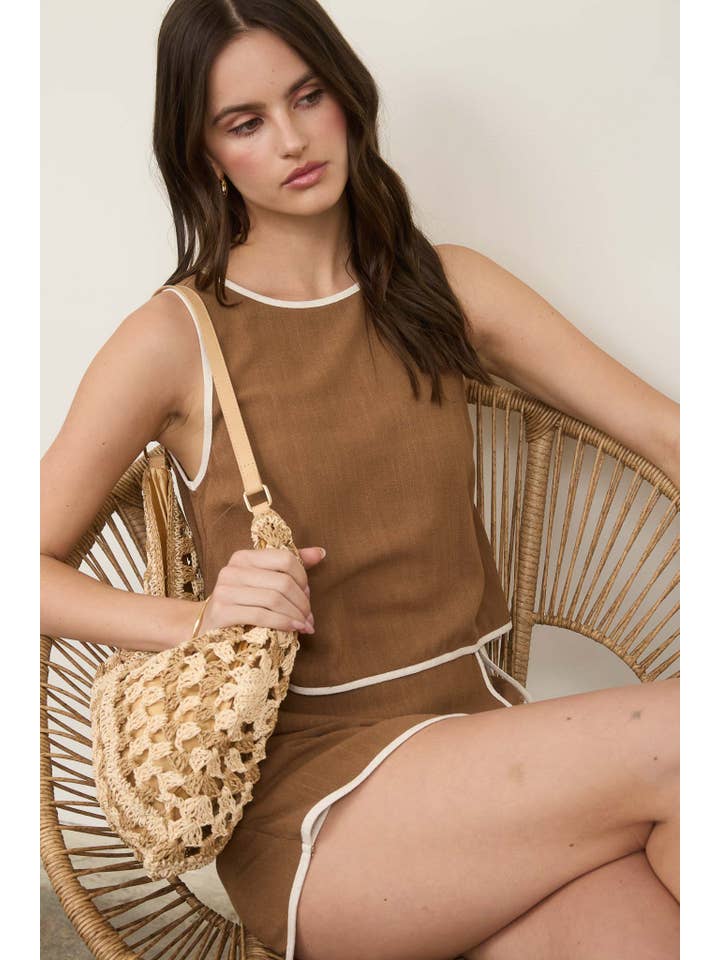 The Workshop Studio - Wholesale Blouse - Women's - CONTRAST TRIM SLEEVELESS LINEN CROP TOP