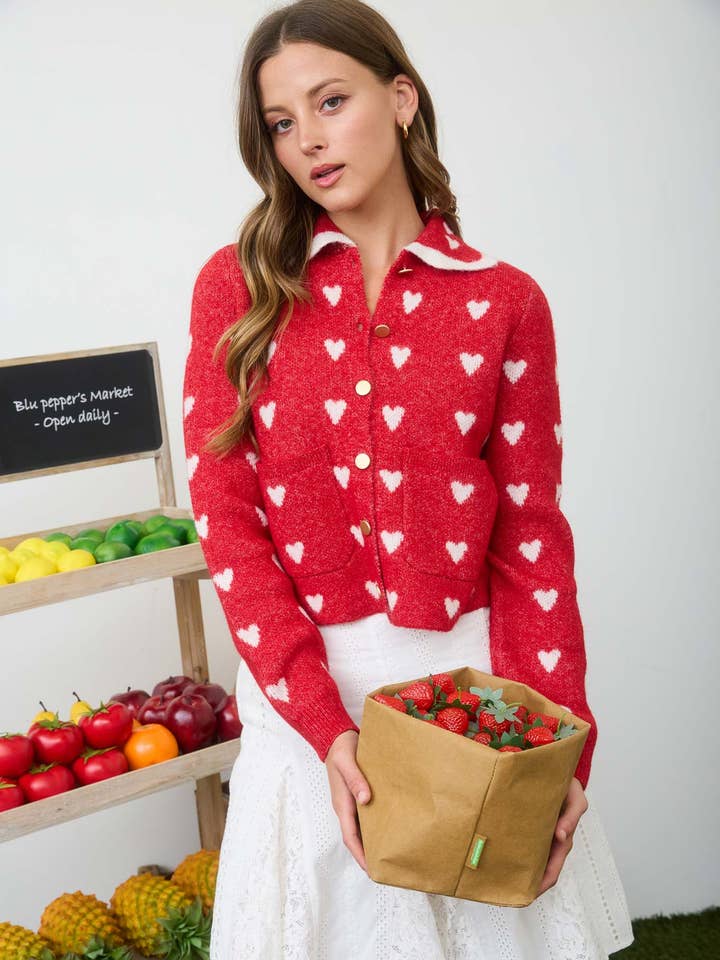HEART PATTERN SCALLOP COLLAR BUTTON DOWN CARDIGAN for wholesale by Blu Pepper