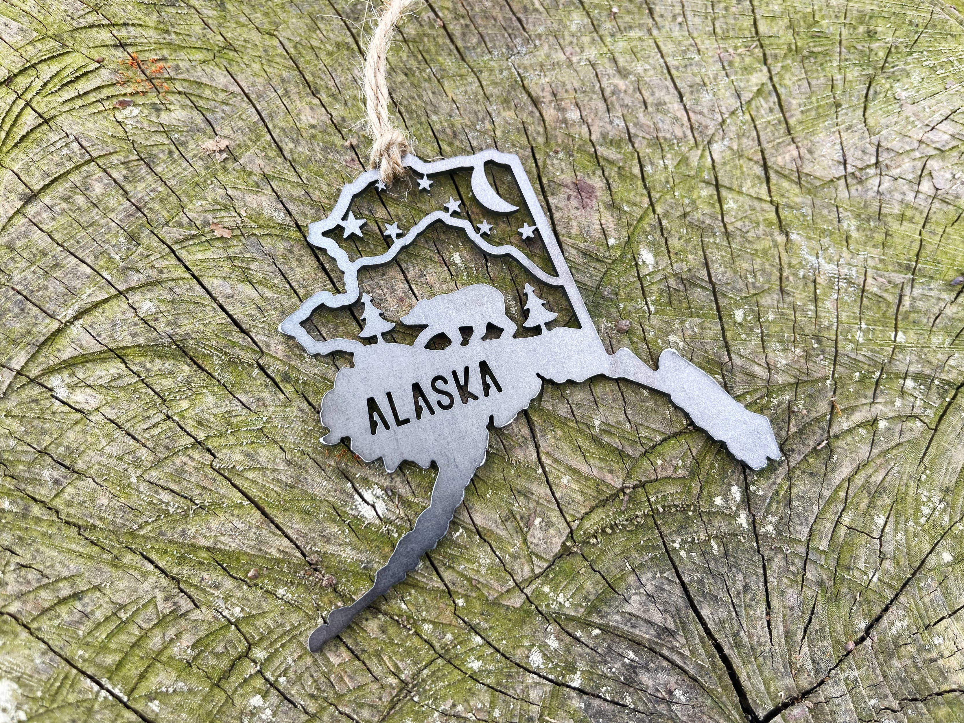 BE Creations & Designs, Inc. - Wholesale Ornament - Alaska State Bear Scene Raw Steel Ornament made in USA *NEW7