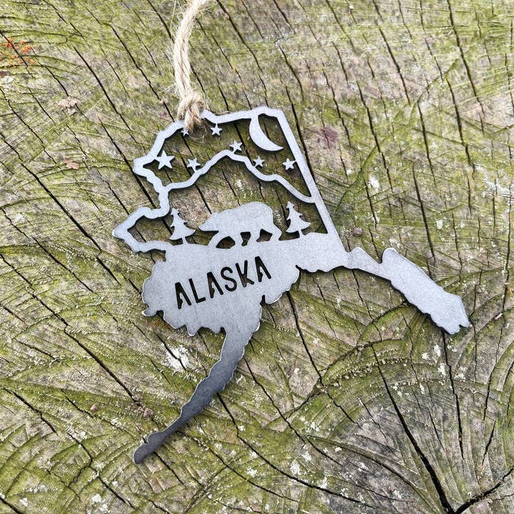 BE Creations & Designs, Inc. - Wholesale Ornament - Alaska State Bear Scene Raw Steel Ornament made in USA *NEW7