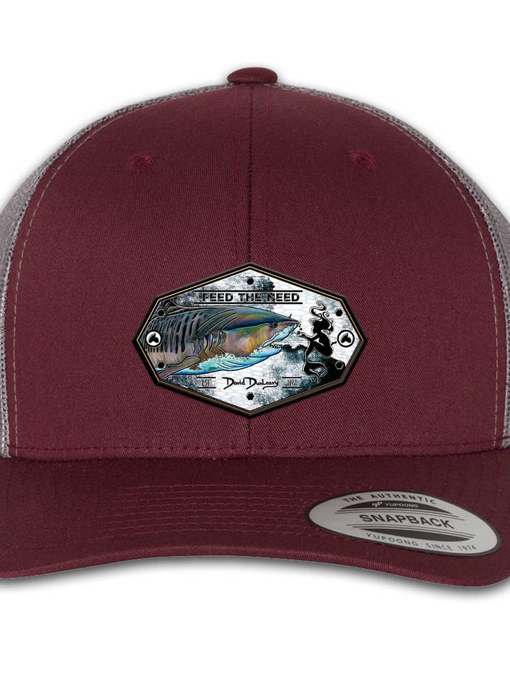 Tiger Shark & Mermaid 6 Panel Trucker Snap Back Maroon Grey Hat for wholesale by David Dunleavy
