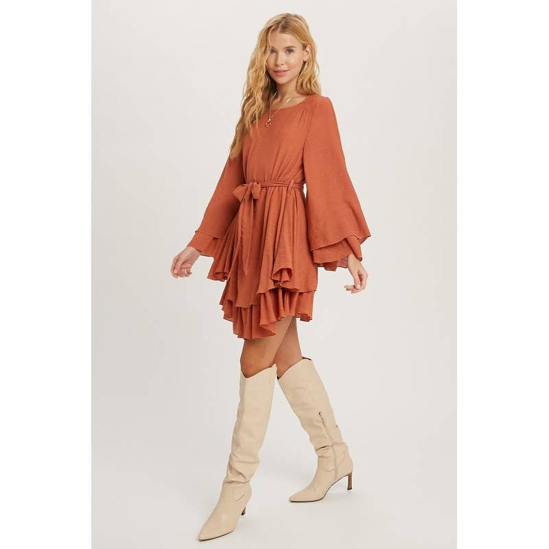 Pink Irene Wholesale - Wholesale Dress - Women's - LONG BELL SEEVE SELF TIE RUFFLE HEM SOLID DRESS12