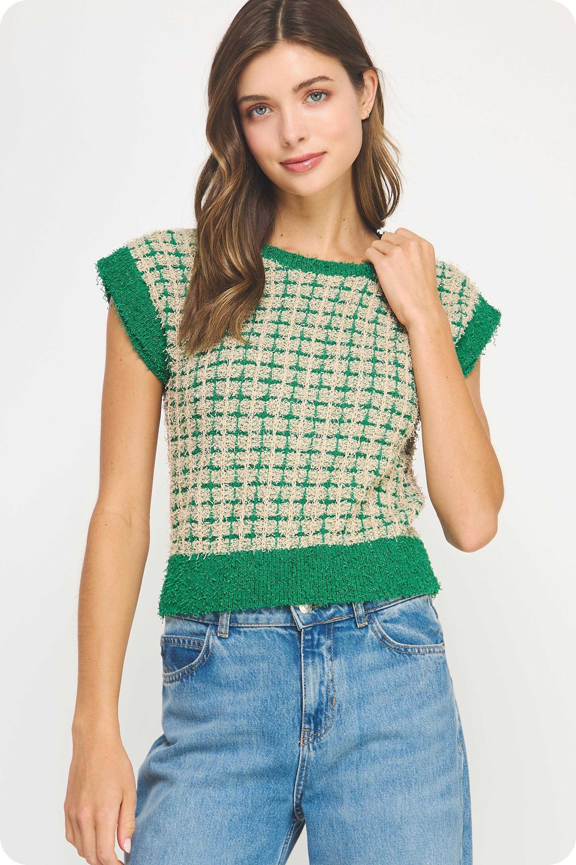 Strut & Bolt - Wholesale Blouse - Women's - Sleeveless Check Tweed Knit Sweater Top6