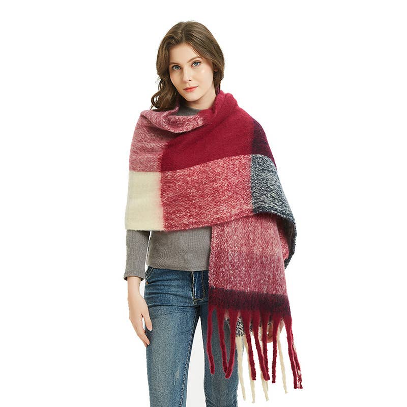 Adorro – wholesale Scarf – Women's – Soft Chunky Plaid Fleece Oblong Tassel Scarf8