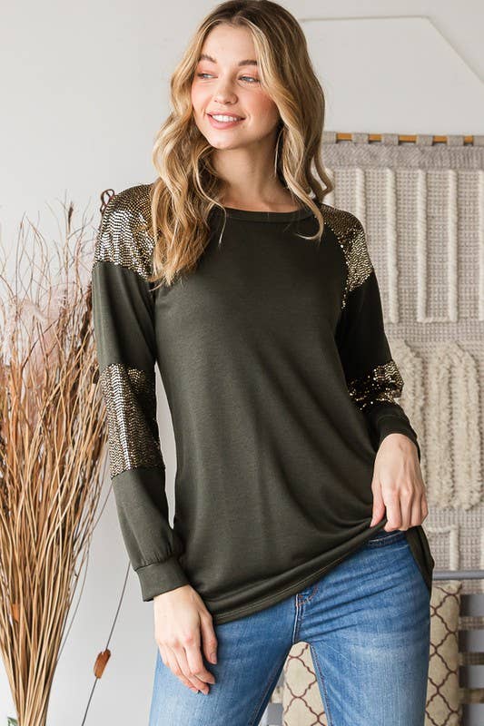 HEIMISH - Wholesale Tunic - Women's - ET6842-10 PUFF SLEEVE SOLID AND SEQUINS TOP5