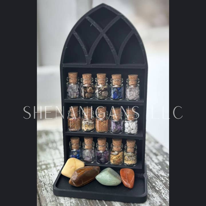 Curio Shelf Gothic Window w/ Tray - Size: Fits 1/2" wide Micro Jars 5x3 - Trinket, Desk, Crystal and other Purchase Wholesale curio mtg. Free Returns & Net 60 Terms on Faire trending on Faire.
