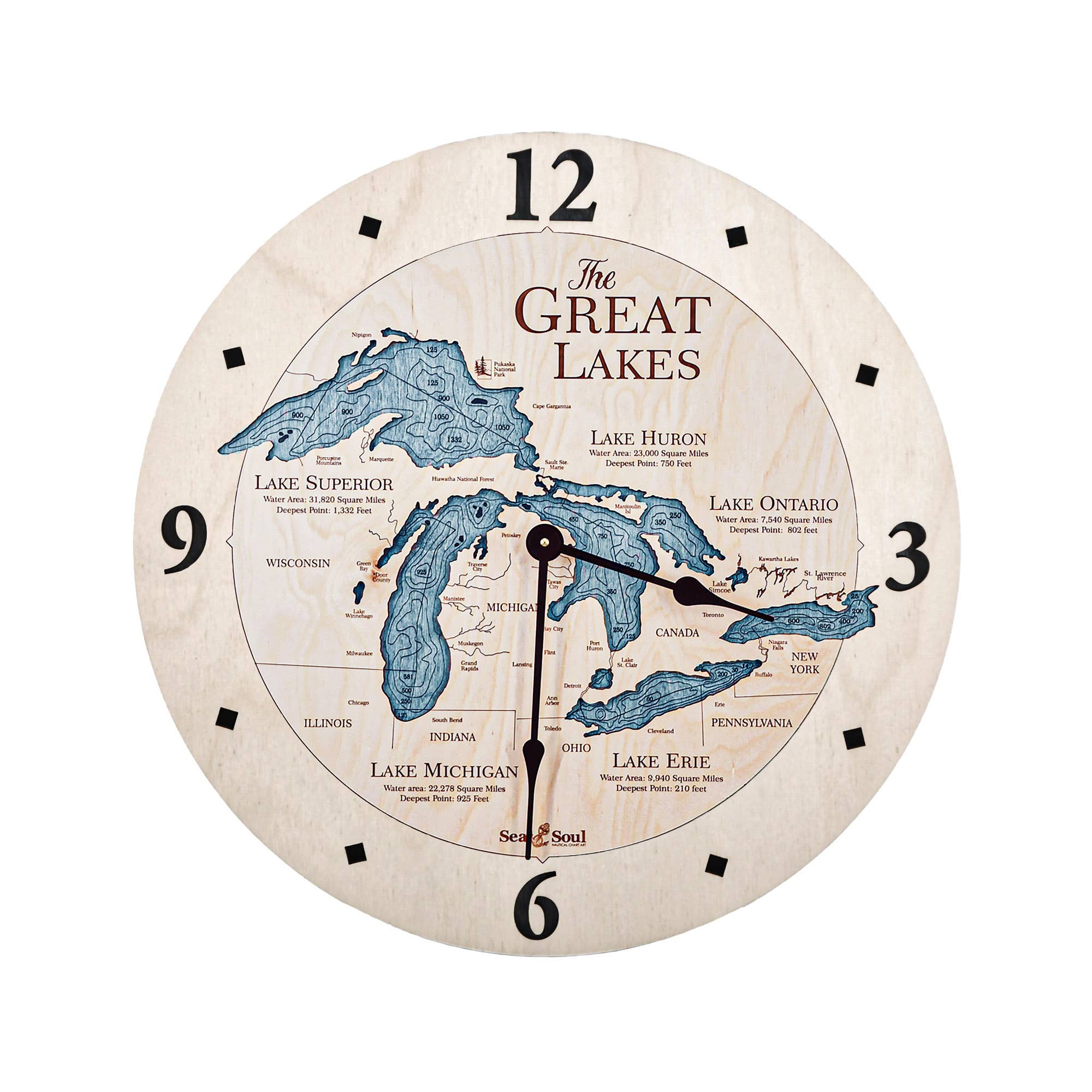 Sea & Soul Nautical Chart Art - Wholesale Muurklok - Great Lakes 3D Nautische kaart houten wandklok - 2 niveaus0