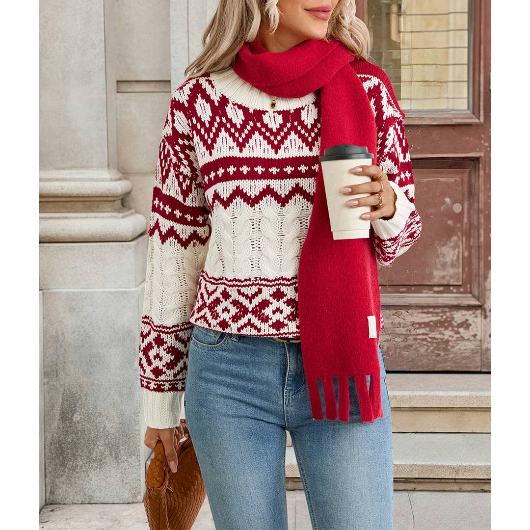 Red Ethnic Vintage Warm Round Neck Long Sleeve Sweater BFZY1726 for wholesale on Faire