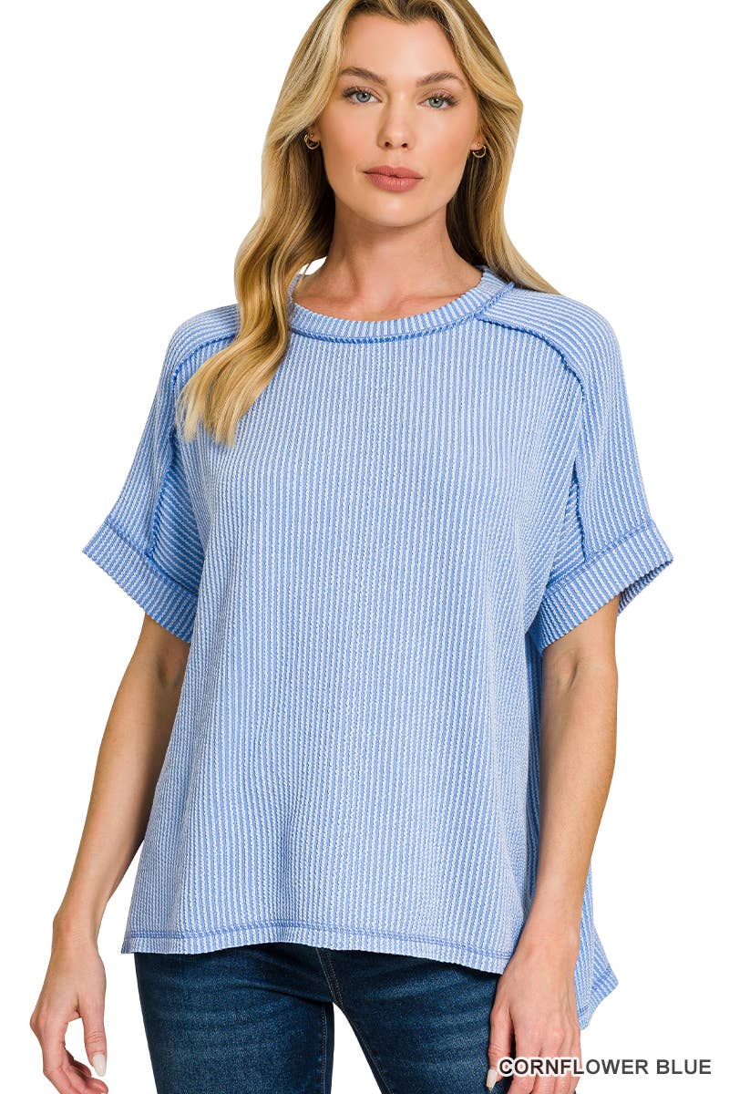 42POPS – wholesale Stickad topp - Dam – .Corded Rib Kortärmad Topp med Rå Kant67