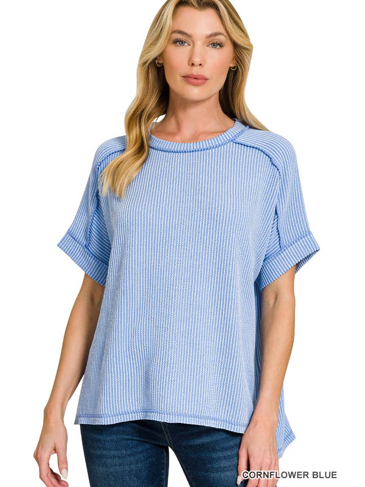 42POPS – wholesale Stickad topp - Dam – .Corded Rib Kortärmad Topp med Rå Kant67