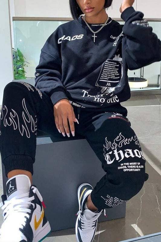 Queen Fashion - Wholesale Top & Skirt Set - Women's - Graphic Print Sweatshirt And Joggers Set2